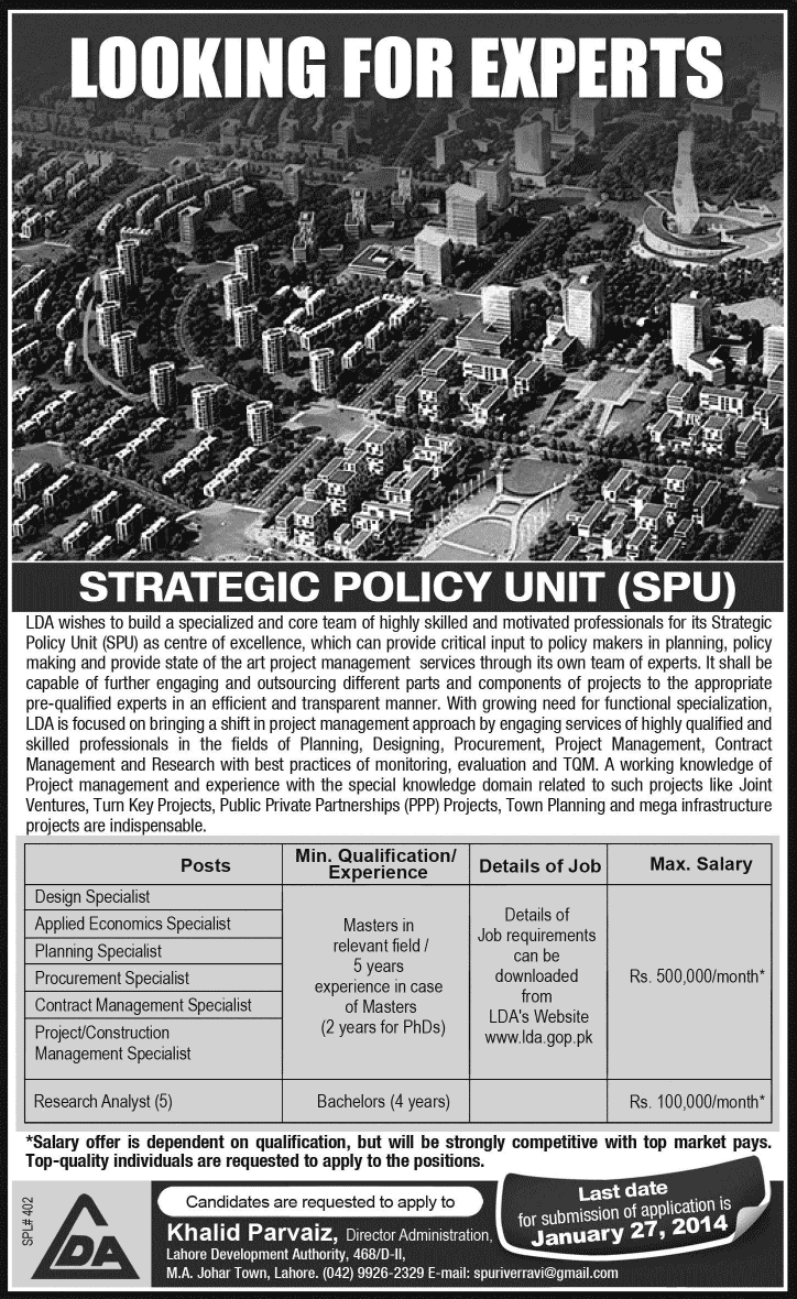 LDA Jobs 2014 for Experts in Strategic Policy Unit (SPU) Lahore Development Authority