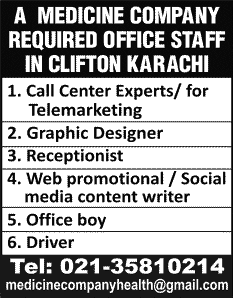 Telemarketing Experts, Graphic Designer, Content Writer, Receptionist, Office Boy & Driver Jobs in Karachi 2014