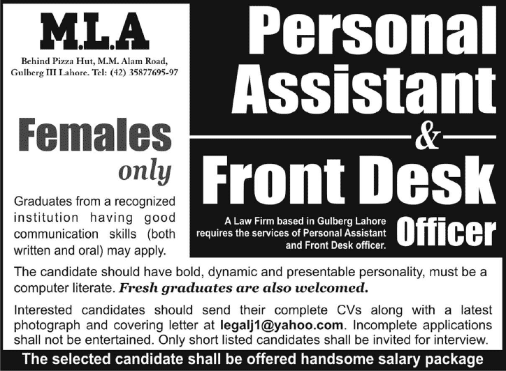Female Personal Assistant & Front Desk Officer Jobs in Lahore 2014 at MLA
