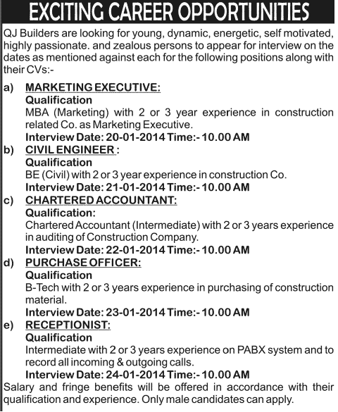 QJ Builders Jobs 2014 for Marketing Executive, Civil Engineer, Chartered Accountant, Purchase Officer & Receptionist