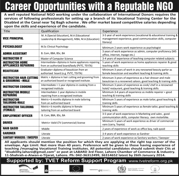 Vocational Training Institute for Disabled under NGO Jobs in Lahore 2014