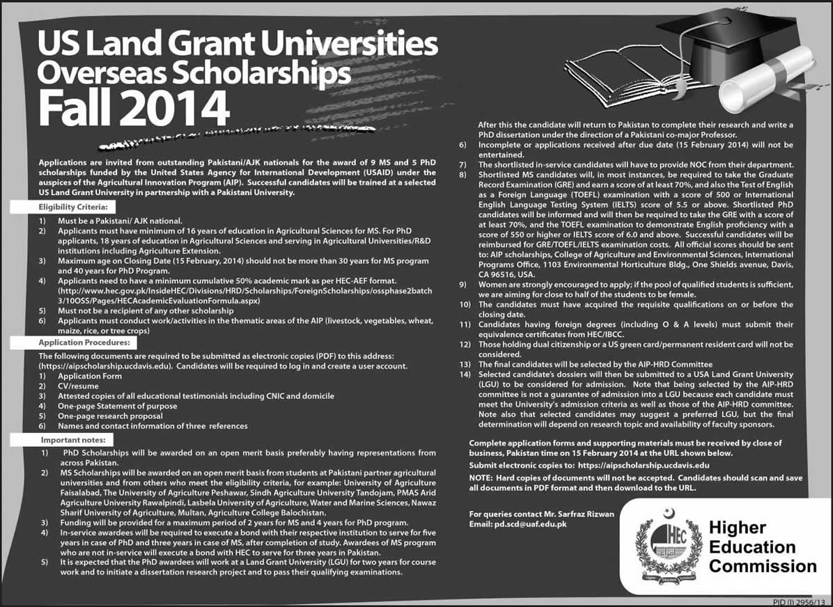 US Land Grant Universities Overseas Scholarships Fall 2014 for MS & Ph.D. Study in United States