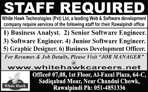 White Hawk Technologies (Pvt.) Ltd Rawalpindi Jobs 2014 for Software Engineers, Business Analyst & Other Staff