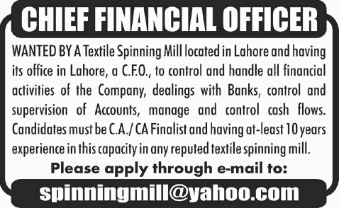 CFO Jobs in Lahore 2014 for a Spinning Mill