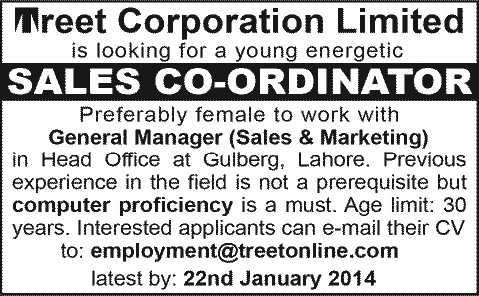 Treet Corporation Limited Lahore Jobs 2014 for General Manager Sales & Marketing & Sales Coordinator