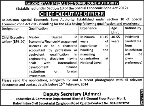 Balochistan Special Economic Zone Authority Jobs 2014 for Chief Executive Officer