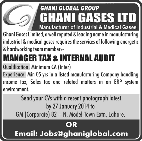 Manager Tax & Internal Audit Jobs in Lahore 2014 at Ghani Gases Limited