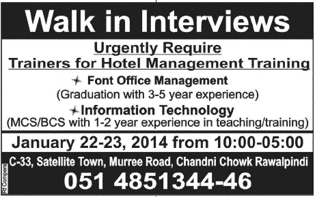 IT & Hotel Management Trainers Jobs in Rawalpindi 2014