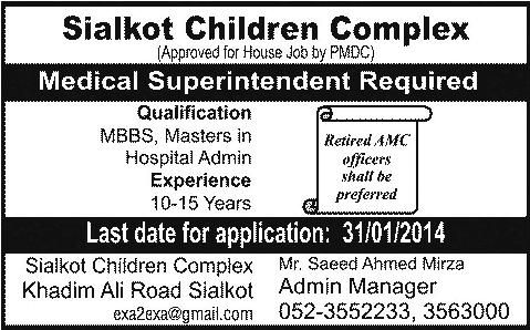 Sialkot Children Complex Jobs 2014 for Medical Superintendent