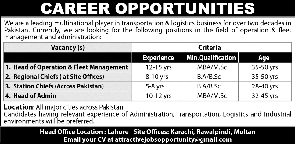 Operation Managers, Regional / Station Chiefs & Admin Head Jobs in Pakistan 2014 for Logistics & Transportation Company