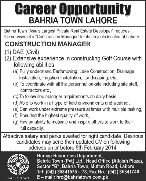 Bahria Town Lahore Jobs 2014 for Civil Engineer / Construction Manager