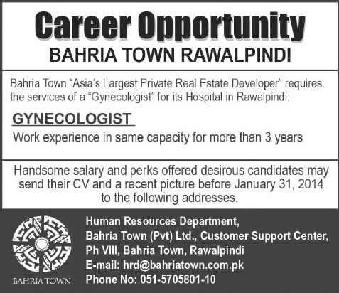 Gynaecologist Jobs in Bahria Town Rawalpindi 2014