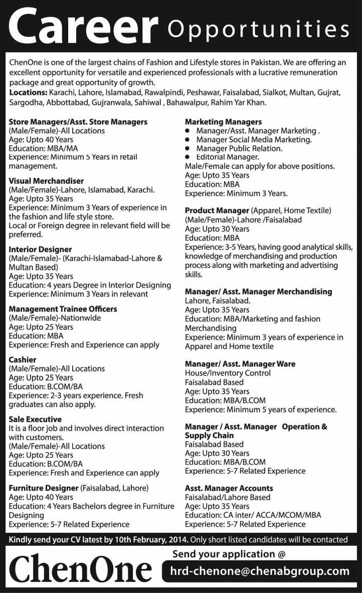 Chen One Pakistan Jobs 2014 for Managers / Assistant Managers