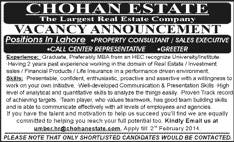 Chohan Estate Lahore Jobs 2014 for Property Consultant / Sales Executive, Call Center Representative & Greeter