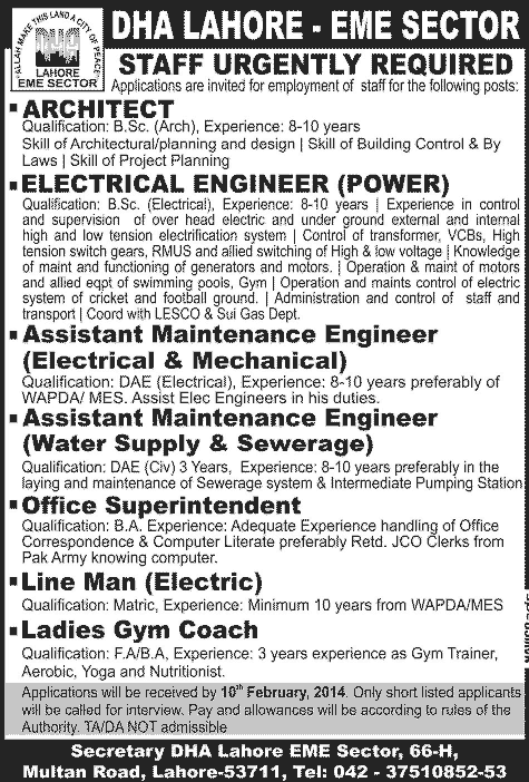 DHA Lahore Jobs 2014 for Architect, Electrical / Civil / Mechanical Engineers & Other Staff for EME Sector
