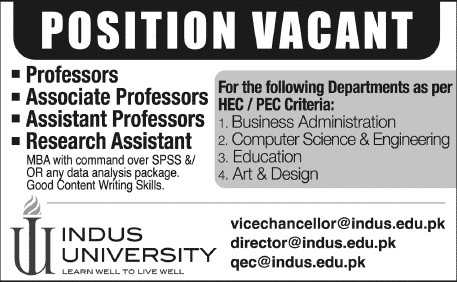 Indus University Karachi Jobs 2014 for Teaching Faculty