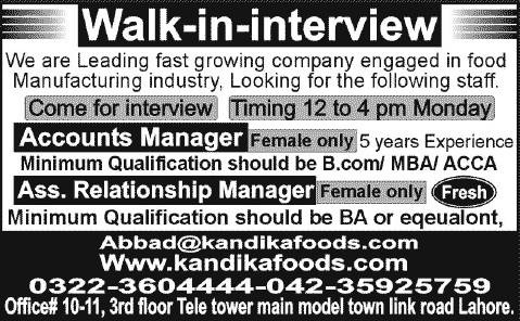 Accounts Manager & Assistant Relationship Manager Jobs in Lahore 2014 at Kandika Snacks Confectionary & Chocolates