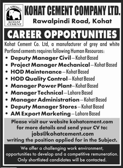 Kohat Cement Company Ltd Jobs 2014 Latest