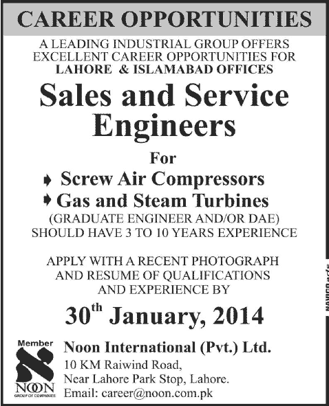 Sales & Service Engineers Jobs in Lahore Islamabad 2014 at Noon International (Pvt.) Ltd