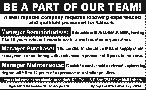 Maintenance / Purchase / Administration Manager Jobs in Lahore 2014 PO Box 3545 Post Mall Lahore