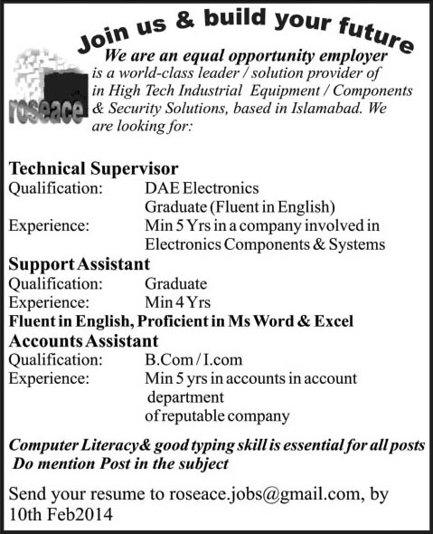 Electronics Engineer, Support Assistant & Accounts Assistant Jobs in Islamabad 2014 at Roseace