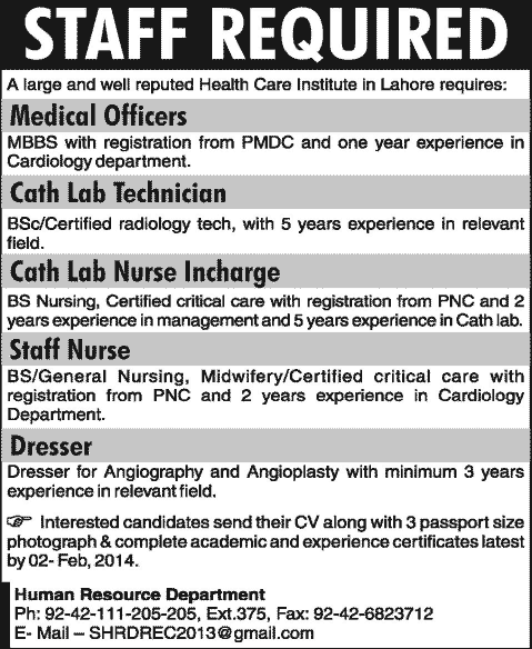 Medical Officer, Nurse, Dresser & Lab Technician Jobs in Lahore 2014 at Shalamar Hospital