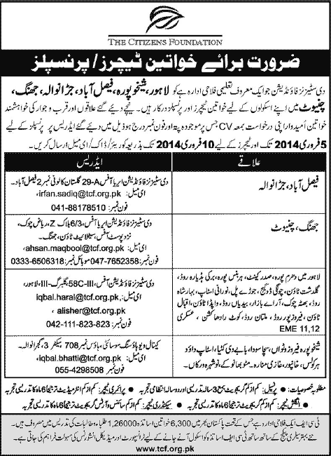 The Citizens Foundation Jobs 2014 for Female Teaching & Principals