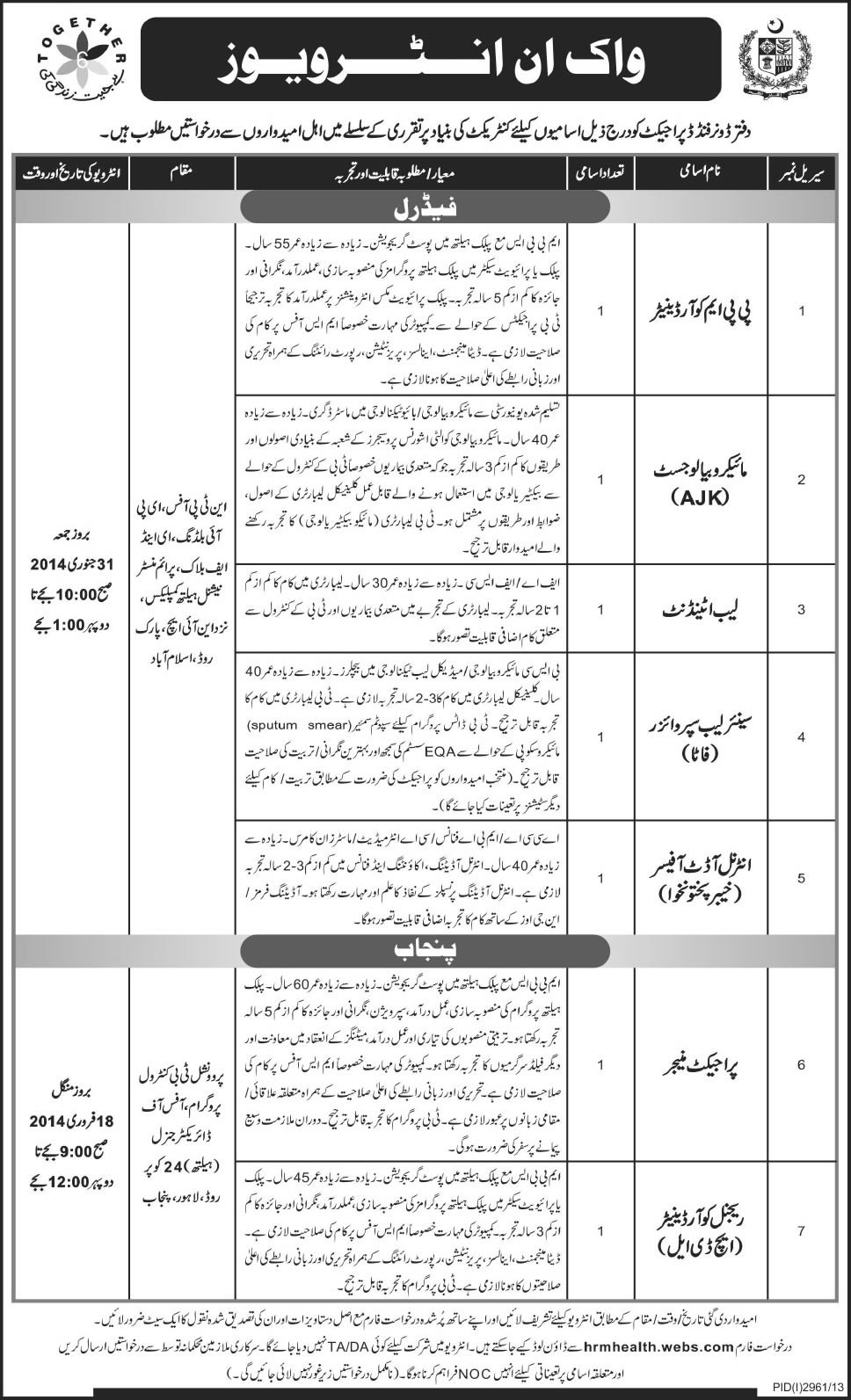 National TB Control Program Pakistan Jobs 2014 NTP Donor Funded Project