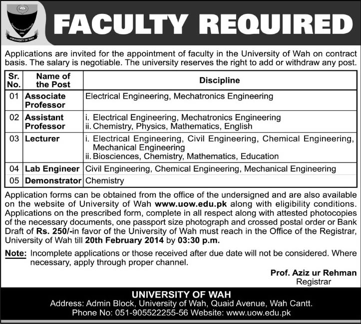 University of Wah Jobs 2014 for Teaching Faculty, Lab Engineer & Demonstrator
