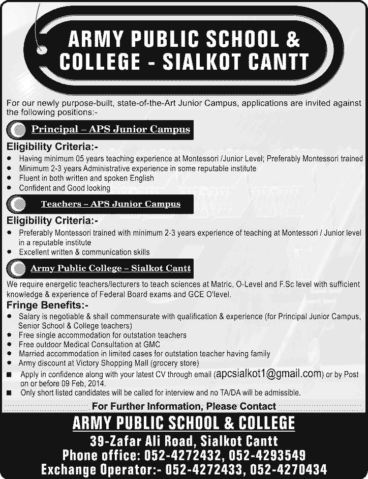 Army Public School & College Sialkot Cantt Jobs 2014 for Principal, Teachers & Lecturers