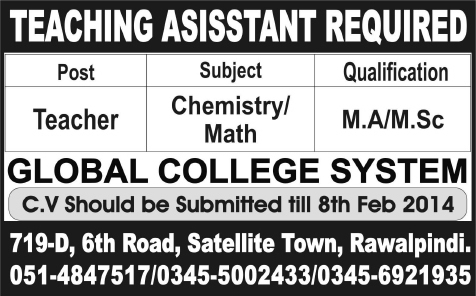 Chemistry / Mathematics Teacher Jobs in Rawalpindi 2014 at Global College System
