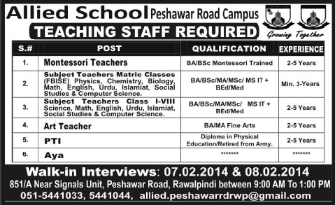 Allied School Peshawar Road Campus Rawalpindi Jobs 2014 February for Teaching Staff, Physical Training Instructor & Aya