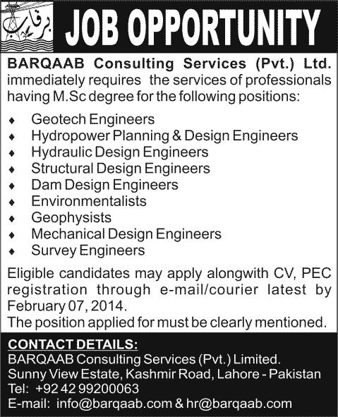 Barqaab Consulting Services (Pvt.) Ltd Lahore Jobs 2014 February for Engineers, Environmentalists & Geophysicists