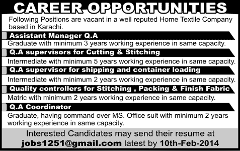 Quality Assurance / Control Jobs in Karachi 2014 February for Textile Company