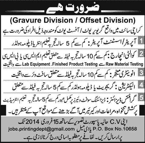 Gravure / Offset Unit Jobs in Karachi 2014 February for Graphics Designer, Inventory Manager, Electrician & Staff