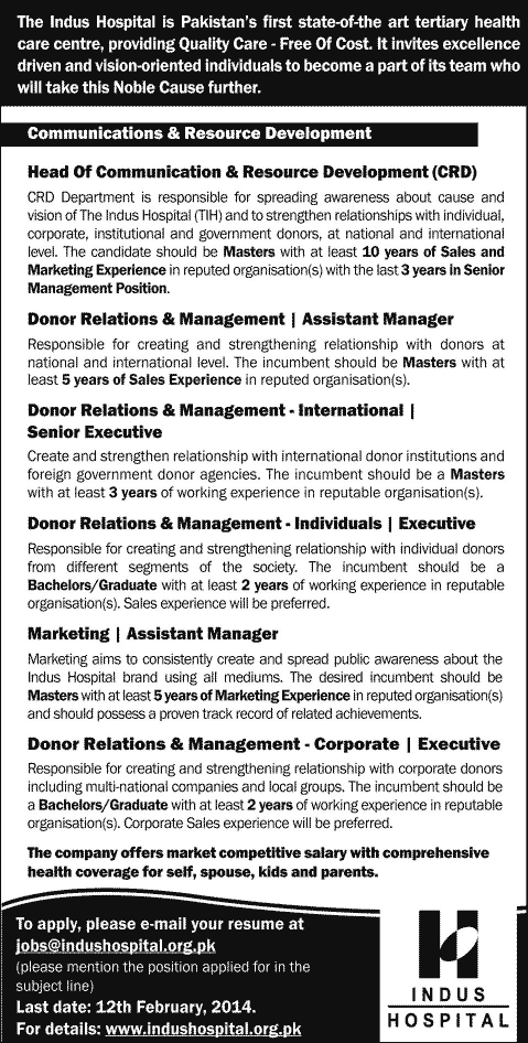Indus Hospital Karachi Jobs 2014 February for Administrative Staff