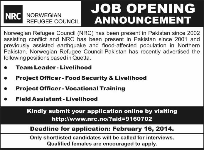 Norwegian Refugee Council (NRC) Pakistan Jobs 2014 February