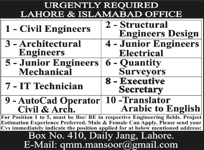 Construction Industry Jobs in Islamabad / Lahore 2014 February for Engineers, Quantity Surveyor & Other Staff