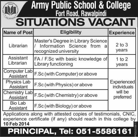 Army Public School & College Rawalpindi Jobs 2014 for Administrative Staff