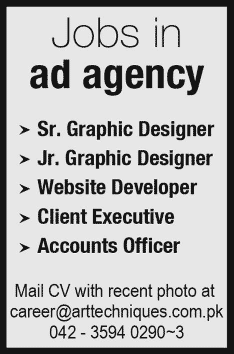 Client Executive, Accounts Officer, Graphics Designer & Web Developer Jobs in Lahore 2014 February at Art Techniques
