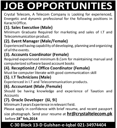 Crystal Telecom Karachi Jobs 2014 February for Sales Executive, Event Manager, Accountant & Other Staff