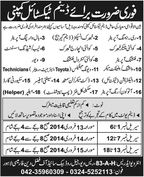 Textile Jobs in Lahore 2014 February for Denim Textile Company