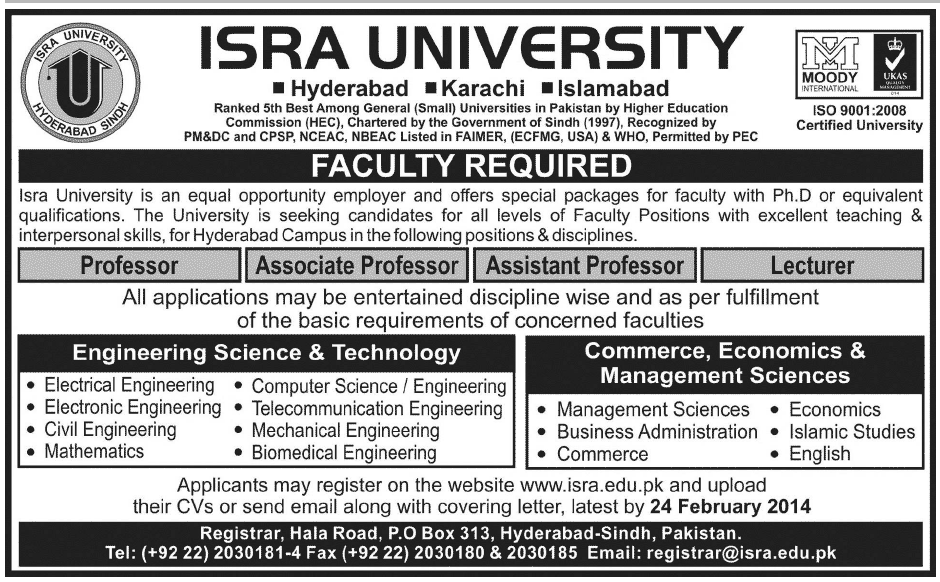 Isra University Jobs 2014 February Latest for Faculty in Hyderabad Campus