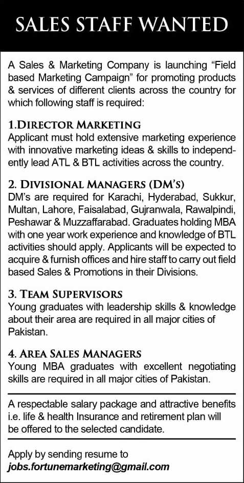 Sales and Marketing Jobs in Pakistan 2014 February for Director Marketing, Sales Managers & Team Supervisors