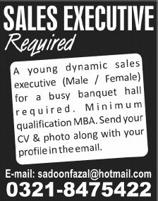 Sales Executive Jobs in Pakistan 2014 February for a Banquet Hall