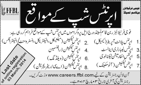 Fauji Fertilizer Bin Qasim Limited (FFBL) Apprenticeships 2014 February Latest