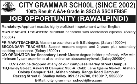 City Grammar School Rawalpindi Jobs 2014 February for Teaching Faculty