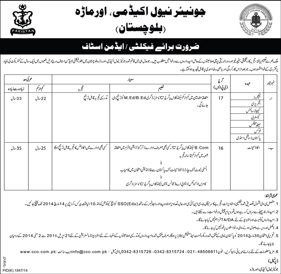 Junior Naval Academy Ormara Balochistan Jobs 2014 February for Lecturers / Teaching Faculty & Accountant