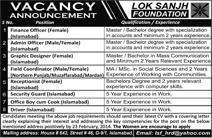 Lok Sanjh Foundation Islamabad Jobs 2014 February Latest