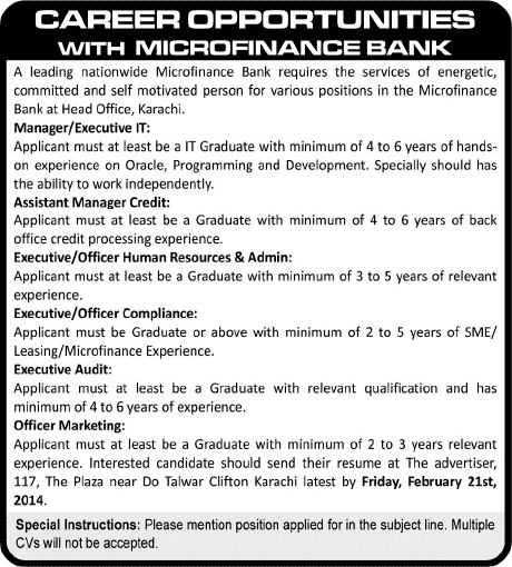 Microfinance Bank Jobs in Karachi 2014 February for Managers, Officers & Executives